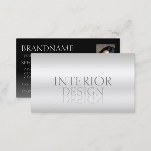 Stylish Silver Chic Mirror Font with Photo Modern Business Card