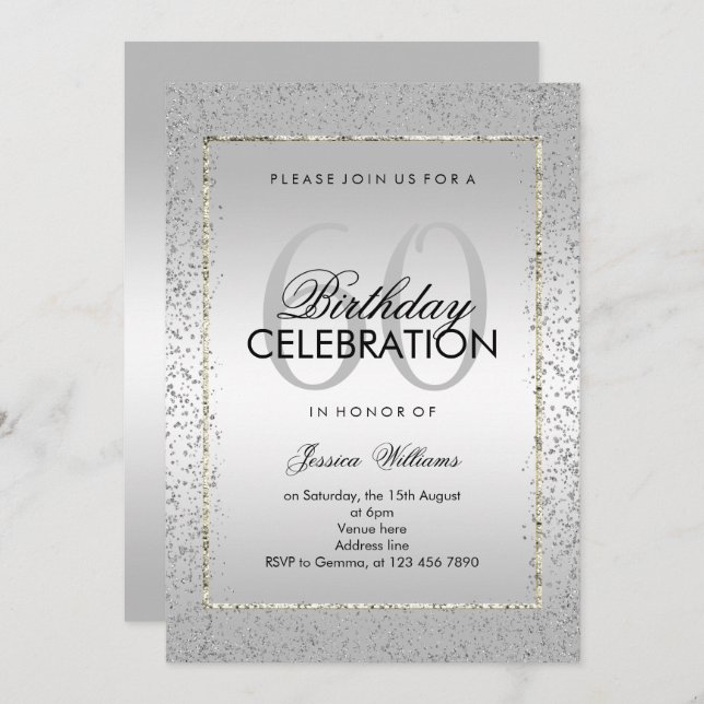 Stylish Silver Confetti 60th Birthday Invitation (Front/Back)