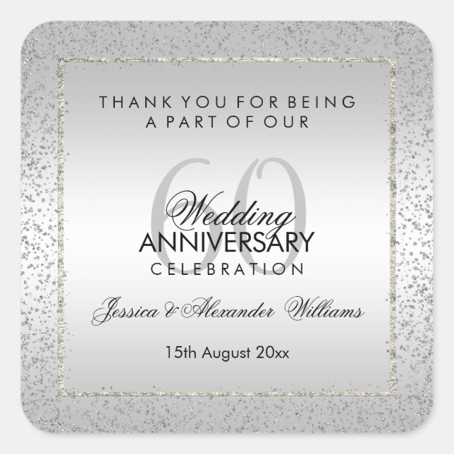 Stylish Silver Confetti 60th Wedding Thank You Square Sticker (Front)