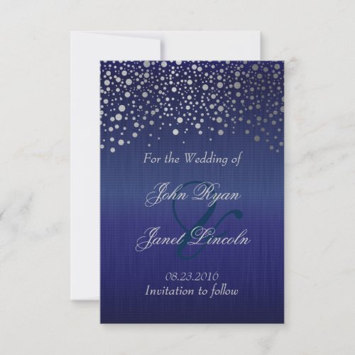 Stylish Silver Confetti Dots  Dark Blue Save The Date