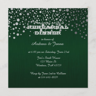 Stylish Silver Confetti Dots Deep Dark Green Invitation