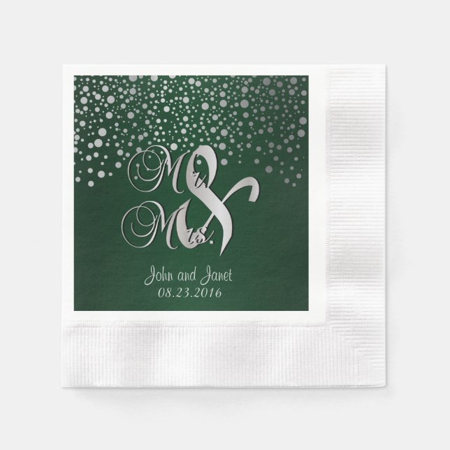 Stylish Silver Confetti Dots | Deep Dark Green Paper Napkins (Front)