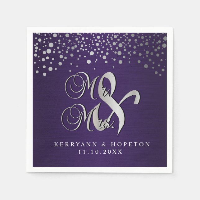 Stylish Silver Confetti Dots | Deep Dark Purple Paper Napkins (Front)