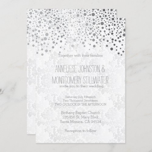 Stylish Silver Confetti Dots  White Invitation