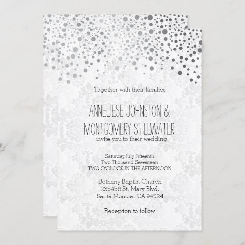 Stylish Silver Confetti Dots  White Texture Invitation