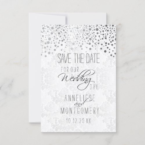 Stylish Silver Confetti Dots  White Texture Save The Date