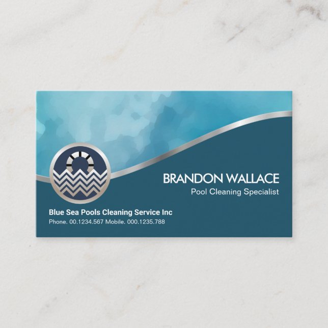 Stylish Silver Curve Blue Waters Swimming Pool Business Card (Front)
