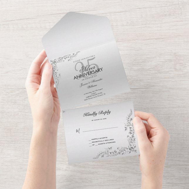 Stylish Silver Decoration 25th Wedding Anniversary All In One Invitation (Tearaway)