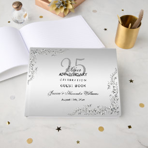 Stylish Silver Decoration 25th Wedding Anniversary Guest Book