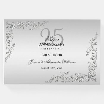 Stylish Silver Decoration 25th Wedding Anniversary Guest Book by Sarah_Designs at Zazzle