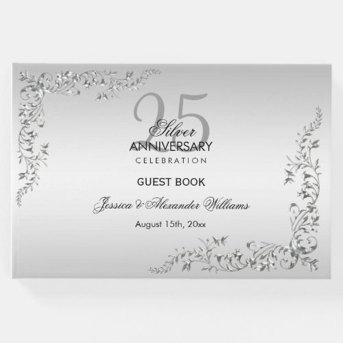 Stylish Silver Decoration 25th Wedding Anniversary Guest Book