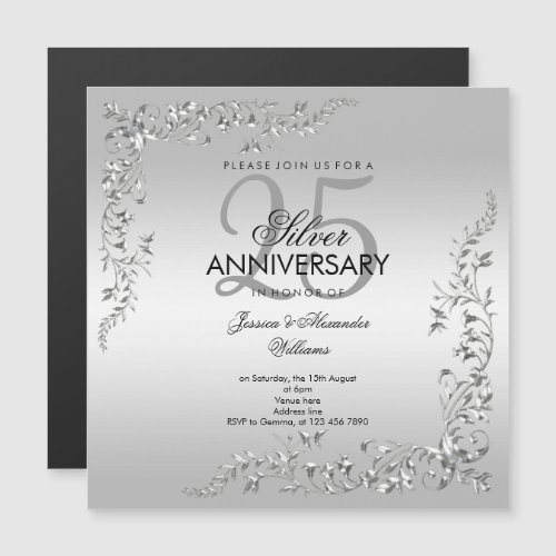 Stylish Silver Decoration 25th Wedding Anniversary Magnetic Invitation