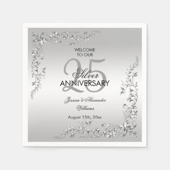 Stylish Silver Decoration 25th Wedding Anniversary Napkins by Sarah_Designs at Zazzle