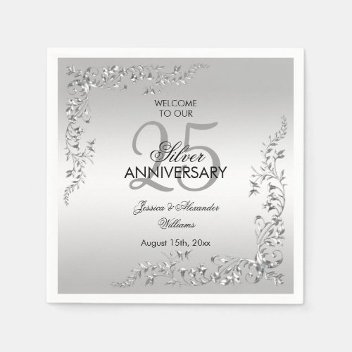 Stylish Silver Decoration 25th Wedding Anniversary Napkins