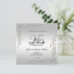 Stylish Silver Decoration 25th Wedding Anniversary Save The Date | Zazzle