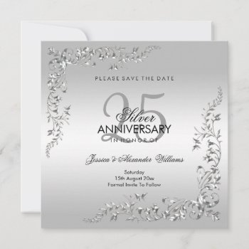 Stylish Silver Decoration 25th Wedding Anniversary Save The Date by Sarah_Designs at Zazzle