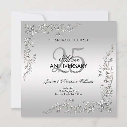 Stylish Silver Decoration 25th Wedding Anniversary Save The Date