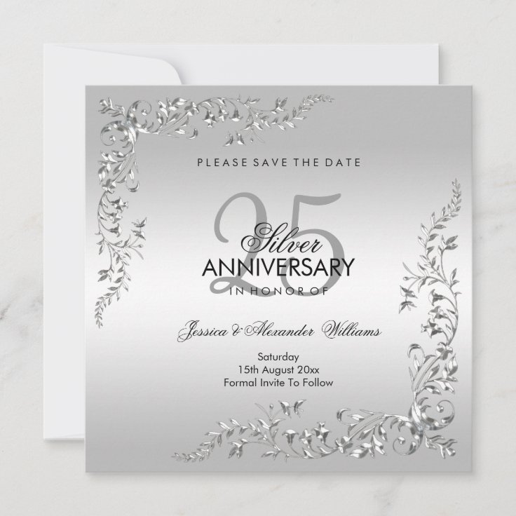 Stylish Silver Decoration 25th Wedding Anniversary Save The Date | Zazzle