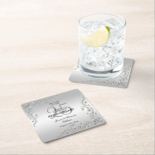 Stylish Silver Decoration 25th Wedding Anniversary Square Paper Coaster
