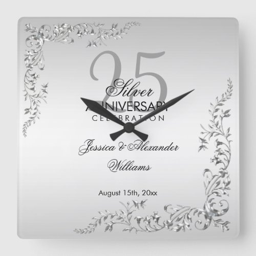 Stylish Silver Decoration 25th Wedding Anniversary Square Wall Clock