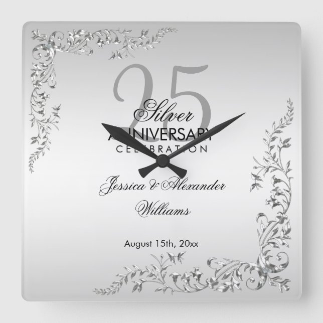 Stylish Silver Decoration 25th Wedding Anniversary Square Wall Clock (Front)