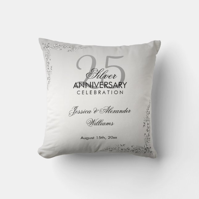 Stylish Silver Decoration 25th Wedding Anniversary Throw Pillow (Front)