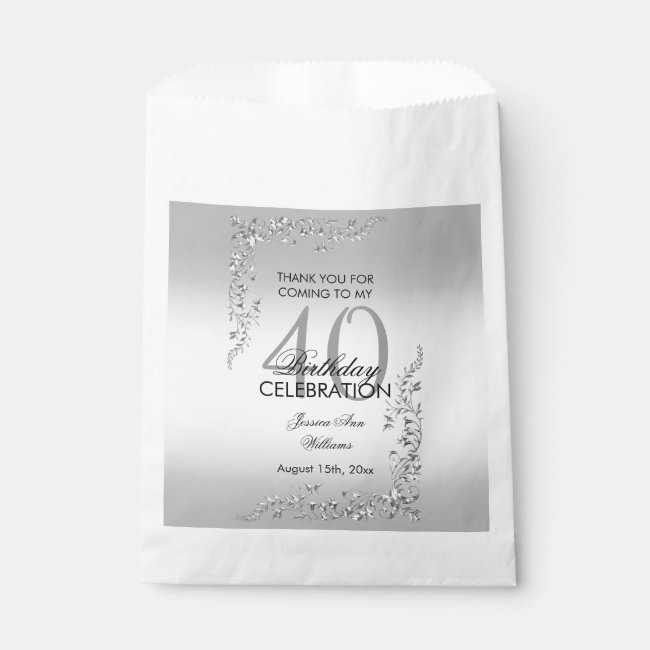 Stylish Silver Decoration 40th Birthday Party Favor Bag