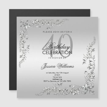 Stylish Silver Decoration 40th Birthday Party Magnetic Invitation by Sarah_Designs at Zazzle
