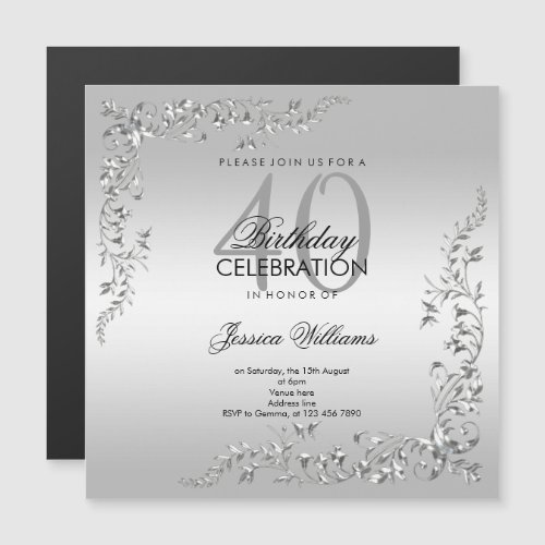 Stylish Silver Decoration 40th Birthday Party Magnetic Invitation