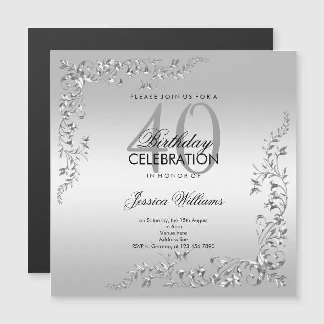 Stylish Silver Decoration 40th Birthday Party Magnetic Invitation | Zazzle