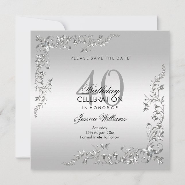 Stylish Silver Decoration 40th Birthday Party Save The Date (Front)