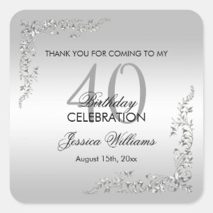 Stylish Silver Decoration 40th Birthday Party Square Sticker