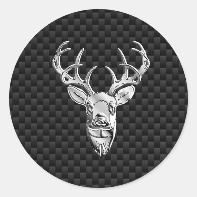 Stylish Silver Deer on Carbon Fiber Classic Round Sticker (Front)