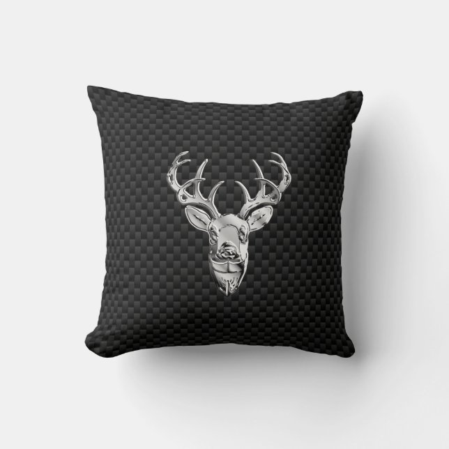 Stylish Silver Deer on Carbon Fiber Throw Pillow (Front)