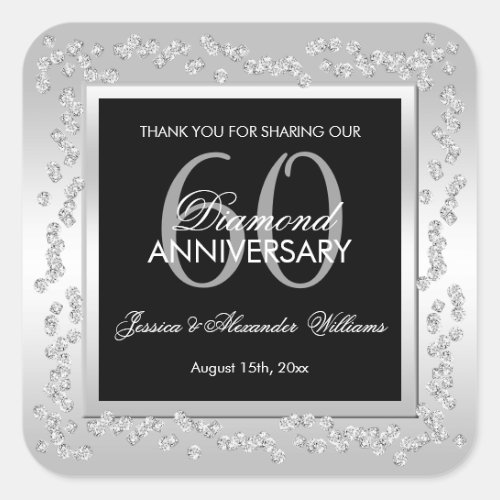 Stylish Silver Diamonds 60th Wedding Anniversary Square Sticker