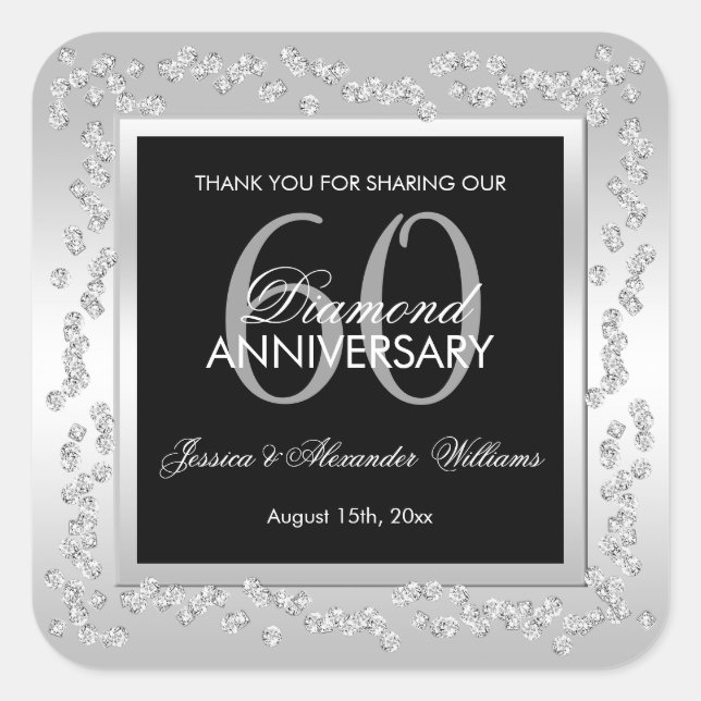 Stylish Silver Diamonds 60th Wedding Anniversary Square Sticker (Front)