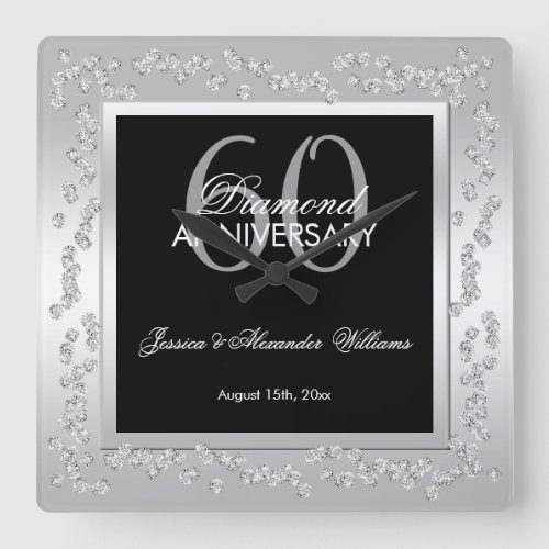 Stylish Silver Diamonds 60th Wedding Anniversary Square Wall Clock