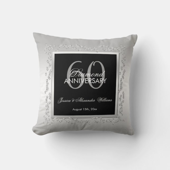 Stylish Silver Diamonds 60th Wedding Anniversary Throw Pillow (Front)