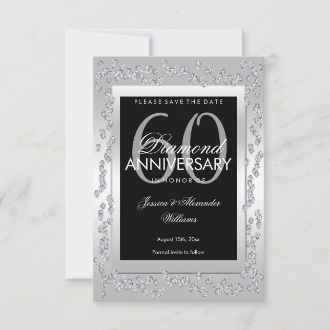 Stylish Silver Diamonds 60th Wedding Save The Date (Front)