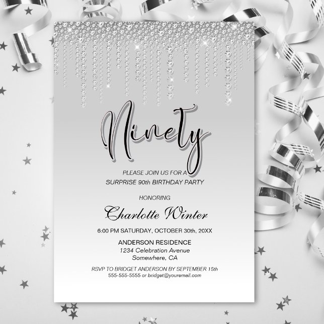 Stylish Silver Diamonds Surprise 90th Birthday Invitation (Creator Uploaded)