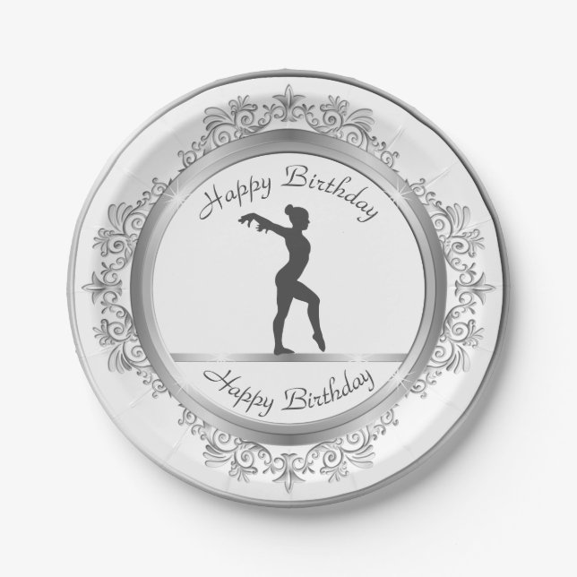 Stylish Silver Embellished Gymnastics Birthday Paper Plates (Front)