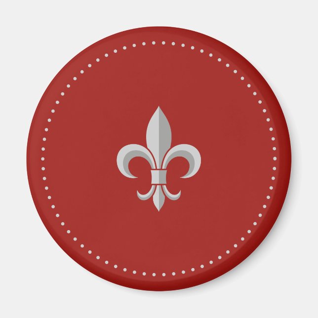 Stylish silver fleur-de-lis on red fridge magnet (Front)