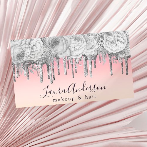 Stylish silver floral glitter drips makeup  hair business card