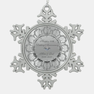 Stylish Silver Floral Swirls Wedding Anniversary Snowflake Pewter Christmas Ornament
