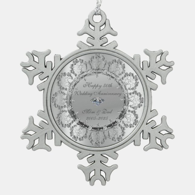 Stylish Silver Floral Swirls Wedding Anniversary Snowflake Pewter Christmas Ornament (Front)