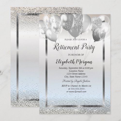 Stylish Silver Frame Confetti Balloons Retirement  Invitation