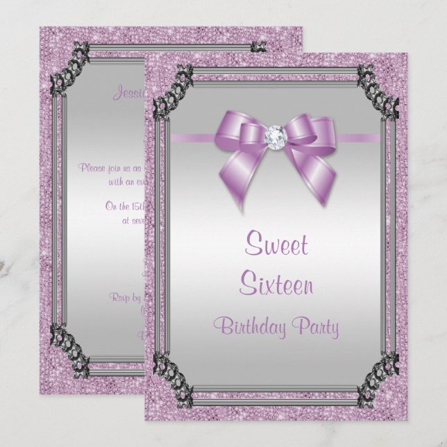 Stylish Silver Frame & Lilac Posh Gem Bow Sweet 16 Invitation (Front/Back)