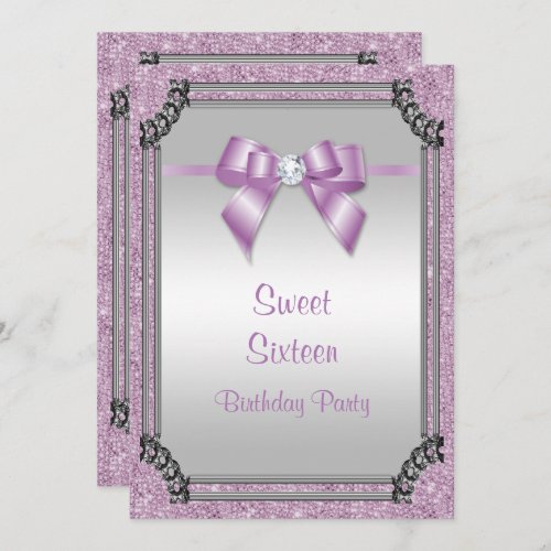 Stylish Silver Frame  Lilac Posh Gem Bow Sweet 16 Invitation