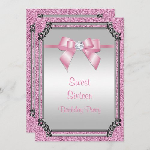 Stylish Silver Frame  Pink Posh Gem Bow Sweet 16 Invitation