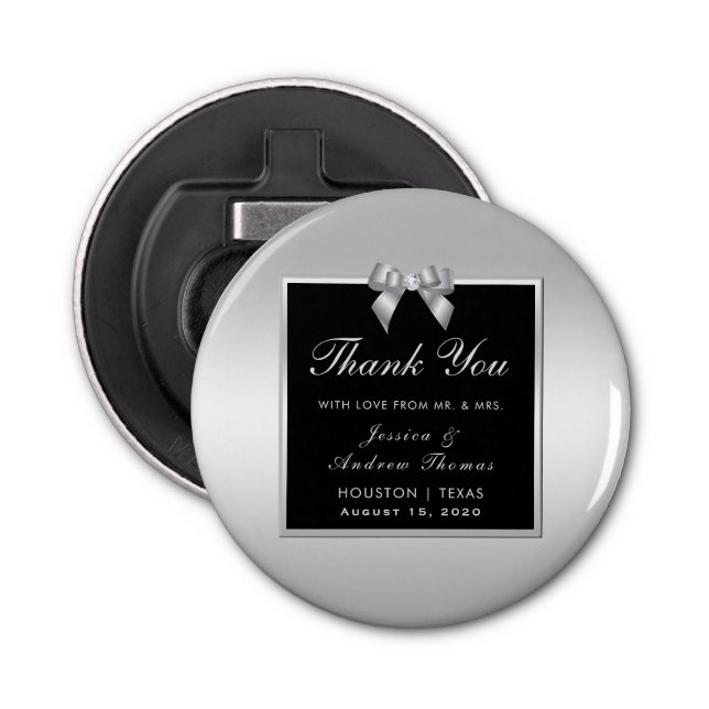 Stylish Silver Gem Bow & Black Wedding Bottle Opener (Front)